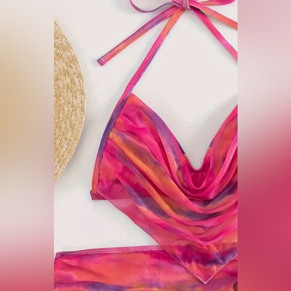 3pc Pink Ombre Halter High Cut Bikini Set With Ruched Cover Up Skirt - Picture 4 of 7